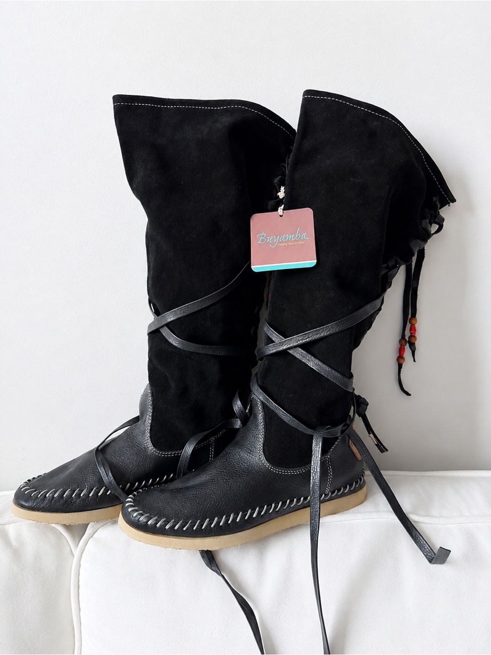 Buyamba KOTIDO Black Suede Boho Knee High Lace-Up Boots Fair Trade 7.5 New